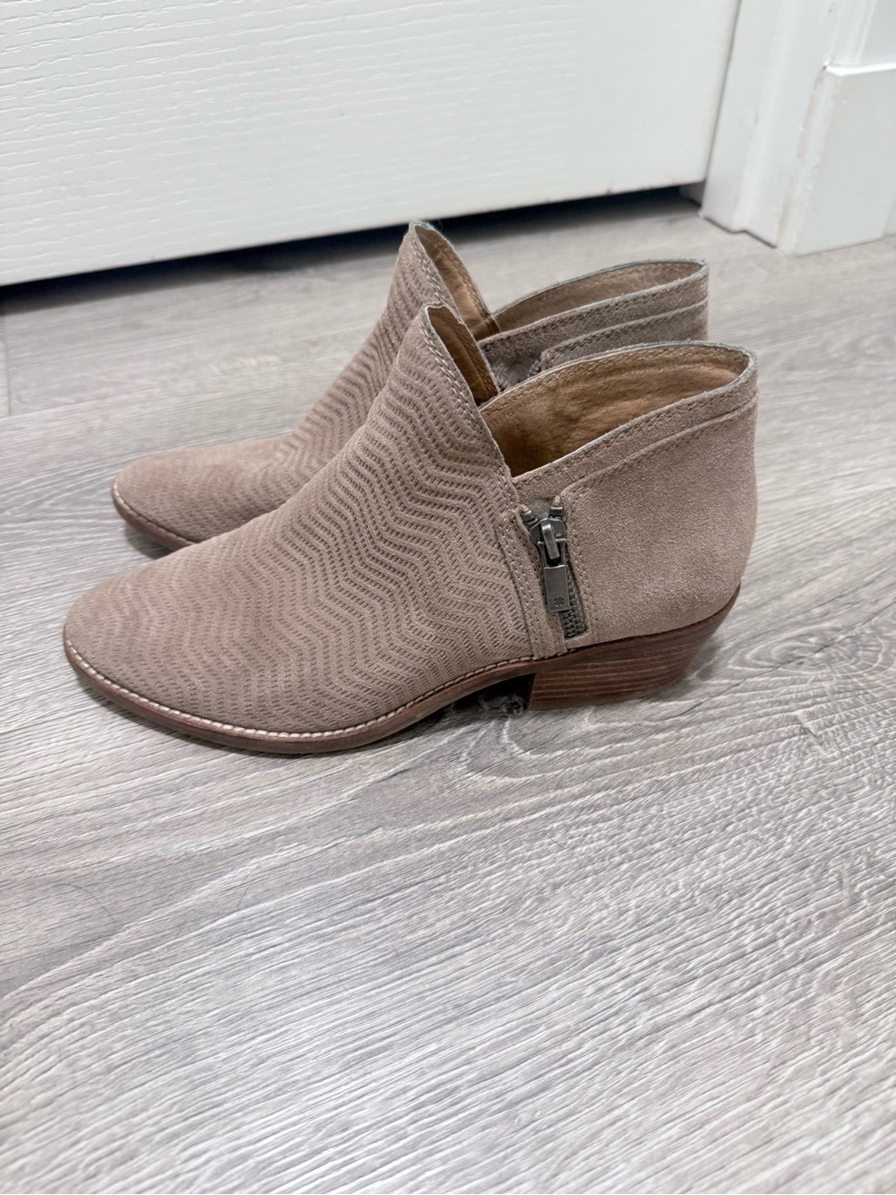 Lucky Brand Taupe Suede Chevron Ankle Booties with Side Zip